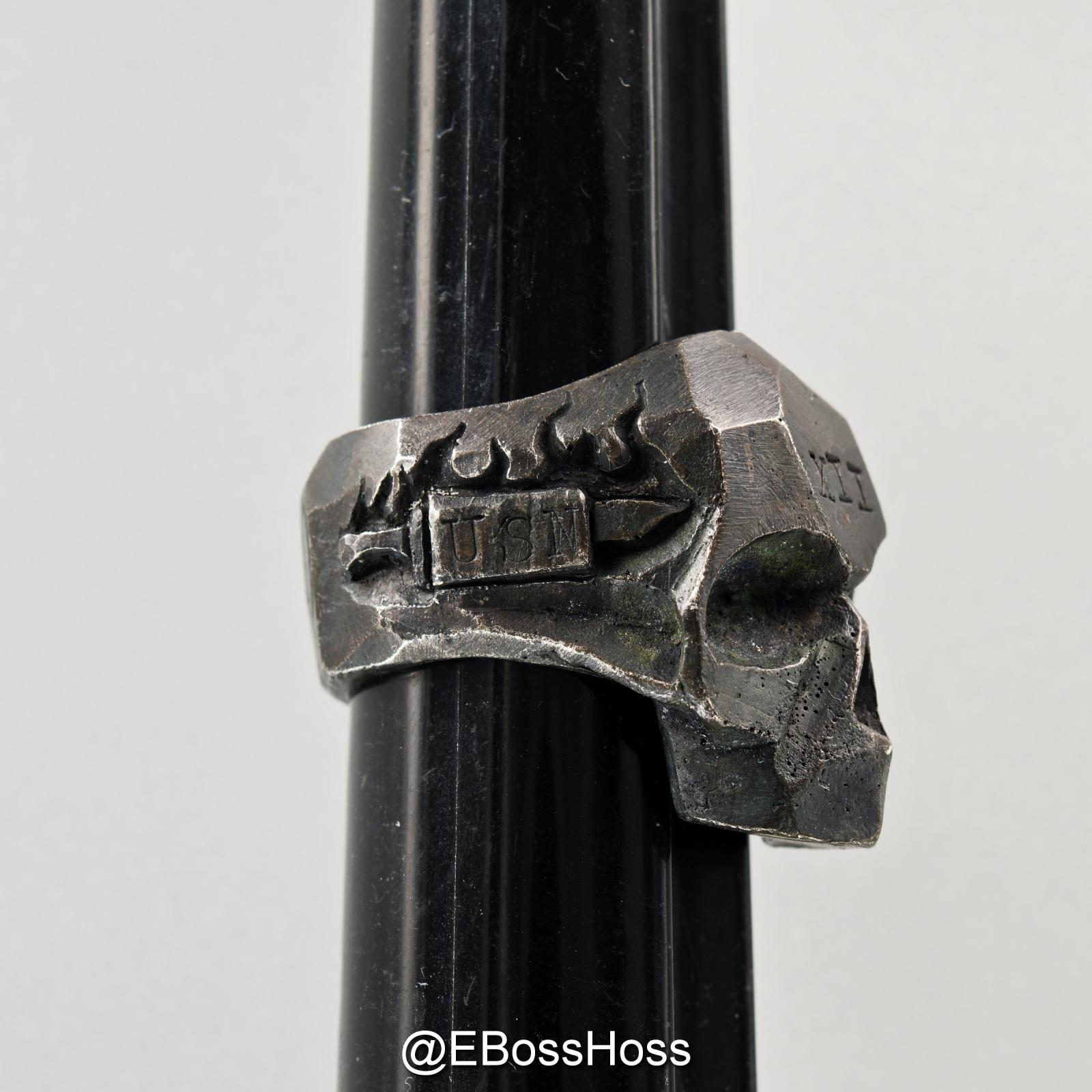 13 Lucky Monkey Patina-ed Sterling Silver Skull Ring - &#039;&#039;USN 12 Edition&#039;&#039; (Size 11.5)